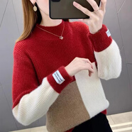 施洛瀾半高領(lǐng)加厚毛衣女秋冬裝2025新款時尚寬松百搭拼色針織打底衫上衣 紅色 均碼 建議80-135斤