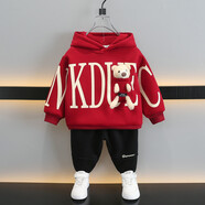 迪士尼（Disney）男童加絨套裝新款寶寶衣服秋冬兒童衛(wèi)衣韓版中小童保暖連帽兩件套 酒紅色小熊套裝（春秋） 100 碼 建議2-3歲 體重25-30斤