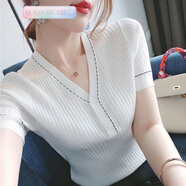 RANAD KEE 氣質(zhì)輕奢潮牌V領(lǐng)短袖T恤女夏新款韓版百搭修身顯瘦紐扣拼接 白色 M碼適合95-110斤