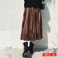 萱眸絲絨百褶裙春秋半身裙中長(cháng)款顯瘦a字長(cháng)裙秋冬女潮 咖啡色 S 90斤以下