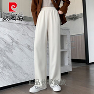 皮爾卡丹品牌高檔女裝 松緊腰闊腿褲女2022新款春秋高腰垂感米白色寬松拖地夏季冰絲休閑西裝褲子針織 米白色春秋薄款-加長(cháng)款 S