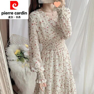 皮爾卡丹（pierre cardin）文藝風(fēng)碎花裙雪紡連衣裙長(zhǎng)裙春季韓版仙女裙荷葉邊大擺裙針織 杏底小紅花853-2 XL 115-130斤