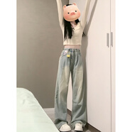 燦圖美式高街闊腿牛仔褲女春夏季小個子寬松顯瘦高腰直筒休閑長褲子女 淺藍色 M