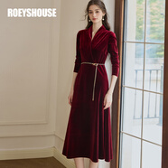 ROEYSHOUSE羅衣復古深咖色絲絨連衣裙女冬裝新款高級婚宴中長禮裙09849 安可拉紅 L