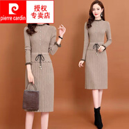 皮爾卡丹（pierre cardin）加絨加厚假兩件針織連衣女秋冬中長(zhǎng)款系帶新款修身打底內(nèi)搭毛衣 麥灰色不加絨 M 推薦85-100斤