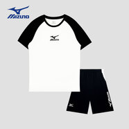 美津濃（MIZUNO）兒童運動(dòng)套裝男女同款2024夏季新款運動(dòng)T恤休閑短褲 黑白 TZ24230273 165cm (建議身高160-165cm)