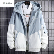 快樂嘉人 青少年百搭加絨加厚工裝夾克男2021冬季新款撞色保暖連帽外套男 淺藍 M
