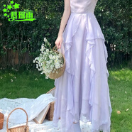 慕瑤雨春季法式紫色連衣裙女長袖仙女網(wǎng)紗仙氣設(shè)計感小眾收腰顯瘦感長裙 紫色短袖 S 85-95斤