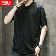南極人中國風(fēng)亞麻短袖襯衫男裝夏季立領(lǐng)休閑男士復(fù)古棉麻t恤潮流 黑色YSGJG1219 M