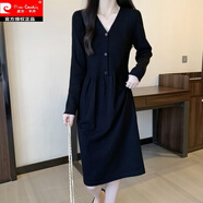 皮爾卡丹大尺碼春秋裝簡約黑色內(nèi)搭外穿針織裙子胖妹妹顯瘦遮肚V領(lǐng)小眾連 黑色 XL (建議110-130斤)