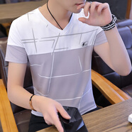 胖東來T恤男短袖修身?xiàng)l紋潮流純棉上衣服2025夏季半截 以純905灰色 M
