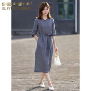 夏典素訂女王（SE.PSTP）2024春夏新款亞麻格紋v領(lǐng)系帶顯瘦休閑連衣裙感復(fù)古氣質(zhì)長裙 藍(lán)色格紋【中長款/寬/松/文藝/裙 M