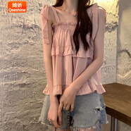 婍妡（Qeeshine）木耳邊蝴蝶結(jié)綁帶吊帶背心女內(nèi)搭寬松無(wú)袖短款蛋糕上衣外穿設(shè)計(jì)感 粉色 M 建議96-115斤