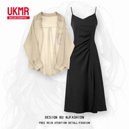 UKMR夏季套裝女2025新款大碼穿搭防曬雪紡襯衫上衣配吊帶連衣裙兩件套 杏色襯衫+黑色連衣裙【兩件套】 L 【建議100-120斤】