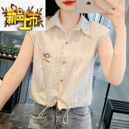 初徑短袖條紋襯衫女夏季2024新款時(shí)尚洋氣小衫抽繩短款小飛袖雪紡上衣 圖片色 L