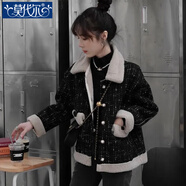 莫代爾小香風(fēng)時尚洋氣羊羔毛2025春秋裝新款百搭小個子上衣毛呢短外套女 黑色加厚 加絨 M 建議95--105斤