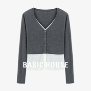Basic House/百家好黑白撞色針織衫2025秋季修身假兩件V領(lǐng)上衣女 灰色 L