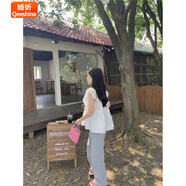 婍妡2025新款拼接荷葉邊白色襯衫女夏季褶皺設(shè)計(jì)感飛飛袖襯衣寬松上衣 主圖款 M
