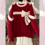 綻秋毛衣女冬款2024新款少女外穿新年兔年本命年紅色蝴蝶結(jié)毛衣女秋冬 圣誕紅 S 建議80-95斤
