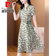 皮爾卡丹品牌雪紡連衣裙女裝夏季2025新款碎花a字裙高端奢華氣質(zhì)冰絲裙子 小綠花 XL 【115-125斤】