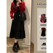 唐菓蜜（TANG GUO MI）唐菓蜜小紅書同款紅色連衣裙女2023秋冬新款女裝韓版新年紅色裙子 紅色上衣+黑色裙子 S