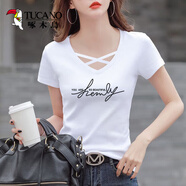 啄木鳥(niǎo)95棉v領(lǐng)短袖t恤女2026新款夏裝大碼鏤空半袖印花體恤修身時(shí)尚上衣 6003#【YoU ARE】白色 M 【100-110斤】