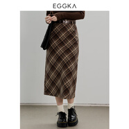 EGGKA 復(fù)古風(fēng)斜格紋休閑半身裙女秋冬新款學(xué)院風(fēng)高腰顯瘦A字裙女 咖色-長（配腰帶）  E23B3723AG M