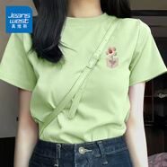 真維斯（JEANSWEST）酒紅色短袖t恤女裝夏季2025新款純棉小眾設(shè)計(jì)感正肩寬松T恤上衣服 果綠 毛絨花口袋_K M