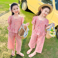 蟻派女寶寶套裝夏季洋氣兒童衣服1-3-6歲夏裝女童套裝短袖t桖闊腿褲子 粉色（彩扣格子套裝0770） 130碼 建議6-7歲 (身高125左右)