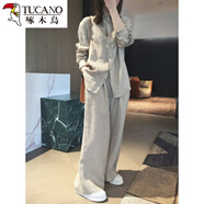 啄木鳥(niǎo)純棉麻2024春秋新款時(shí)尚中國風(fēng)民族風(fēng)休閑設計感襯衫闊腿褲套裝女 灰色套裝 XL  建議115-130斤