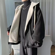 gxmy羊羔絨棉服男冬季外套男士潮牌寬松連帽棉衣服男裝加絨厚棉襖套裝 麻花黑棉衣 XL 建議130-150斤