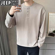 JEEP SPIRIT亨利領(lǐng)長(cháng)袖T恤男2025新款春秋款秋衣紐扣純色內搭打底衫衛衣男款 灰杏 4XL 185-205斤