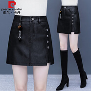 皮爾卡丹（pierre cardin）海寧真皮新款女皮裙半身裙綿羊皮中長(zhǎng)款過膝高腰裙顯瘦a字裙秋冬 9918#黑色 30/2XL