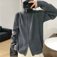 蜜樂(lè)奇秋冬季美式復(fù)古高領(lǐng)針織開(kāi)衫女顯瘦設(shè)計(jì)感休閑百搭慵懶風(fēng)翻領(lǐng)毛衣 灰色 XL (120-135斤)