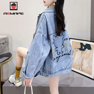 AEMAPE外套女2025春秋冬季新款小熊刺繡牛仔短外套女裝韓版時(shí)尚寬松上衣 藍色 M _建議100-120斤