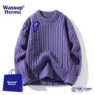 WASSUP HERMU官方毛衣男女春秋季純色圓領(lǐng)粗麻花針織衫加絨加厚線衣休閑外套 紫色 3XL （推薦160-180斤）
