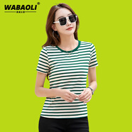 WABAOLI高檔品牌 條紋短袖T恤女夏季2024新款寬松顯瘦百搭半袖體恤上衣 綠色 2XL