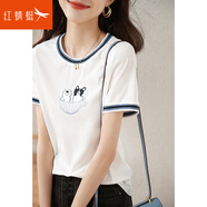 紅蜻蜓2025年純棉T恤女春夏新款撞色拼接立體刺繡女士圓領(lǐng)短袖時(shí)尚T恤 短袖白色 L