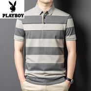 花花公子（PLAYBOY）2025高檔夏季高檔短袖t恤翻領(lǐng)衫中年男款寬松純棉半袖體恤 淺灰 XL
