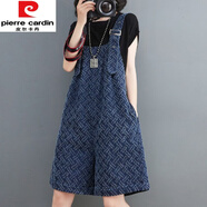 皮爾卡丹（pierre cardin）牛仔背帶短褲女小個(gè)子夏季時(shí)尚提花連體褲吊帶褲大尺碼裝哈倫褲韓 深藍色 XL【建議130-150斤】