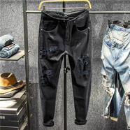 TZVH經(jīng)典錐形牛仔褲男三古木棉 黑白兩色乞丐破洞牛仔褲男修身小腳貼 黑色 28