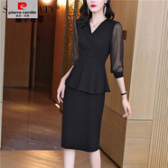 皮爾卡丹（pierre cardin）春夏連衣裙女2025新款包臀裙ol氣質(zhì)修身遮肚一步裙黑色顯瘦裙子女 黑色中袖 M 【建議105斤以下】