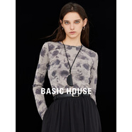 百家好/百家好扎染印花長(cháng)袖T恤女2024秋季新款修身顯瘦上衣O 灰色 M