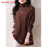 SAVAGE LOVE2025秋冬打底衫女裝內搭高領(lǐng)t恤加絨大碼中長(cháng)款寬松遮肚子上衣 咖啡色 春秋常規款 L 100-115斤
