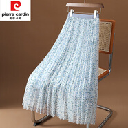 皮爾卡丹（pierre cardin）印花網(wǎng)紗半身裙女春夏新款高腰碎花a字大擺中長百褶裙垂感紗裙子 藍(lán)色 XL