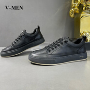 V-MEN【牛皮】VMEN免系帶真皮運(yùn)動休閑小白鞋時(shí)尚百搭舒適男士潮板鞋 黑色 皮鞋碼 41