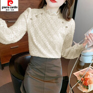 皮爾卡丹秋裝新款蕾絲衫女加絨打底衫女半高領(lǐng)襯衫洋氣時(shí)尚網(wǎng)紅上衣潮 杏色薄款 XL 115-125斤