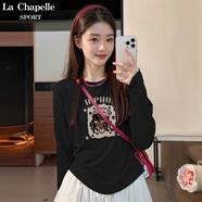 La Chapelle Sport拉夏貝爾安可拉紅色長袖上衣女2025新款秋季內(nèi)搭慵懶感純棉t恤女 黑色(嘻哈男孩) XL (推薦130-150斤)
