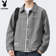 花花公子（PLAYBOY）夾克男外套男裝春秋季男士休閑翻領(lǐng)工裝潮流沖鋒上衣服 深灰 XL