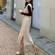 百洛安無(wú)袖針織連衣裙女新款V領(lǐng)長(cháng)款寬松毛衣馬甲開(kāi)叉背心裙長(cháng)裙 花杏色 S